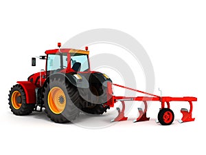 Tractor plowing red 3d render on white background