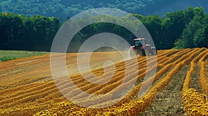 A tractor plows through a field of bright yellow seed plants churning up the rich soil that will nourish the crops and photo