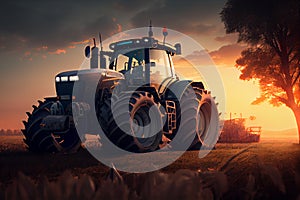 tractor plows the field in the evening at sunset. In the spring,The tractor in farmland farming