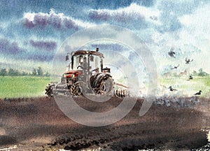 The tractor plows on a green field against a blue sky and birds.. Hand drawn watercolors on paper textures. Raster