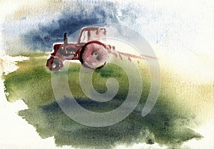 The tractor plows on a green field against a blue sky.. Hand drawn watercolors on paper textures. Raster