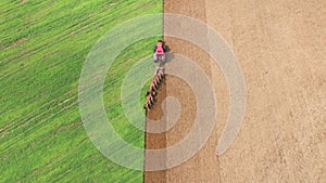 Tractor Plows Green Field Before Planting Crop Aerial View