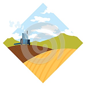 Tractor plows the ground. Illustration of farmland cultivation photo