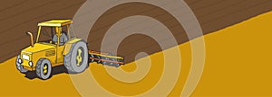 Tractor plows the land. Agricultural farming field landscape. Plowed earth. Brown dirt. Spring soil. Copy space. Vector photo