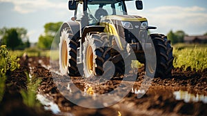 Tractor preparing land with seedbed cultivator at agricultural field in spring. Generative AI