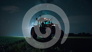 Tractor preparing land with seedbed cultivator at night