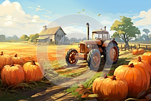 Tractor with pumpkins at farm field in autumn. Machinery helping harvesting pumpkins at fall countryside, farm concept. Flat