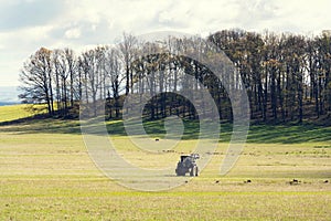 Tractor riding on meadow with forest background, food self-sufficiency concept