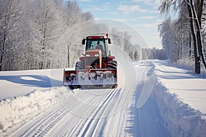 tractor with snowplow attachment clearing snowy rural road, tracked path