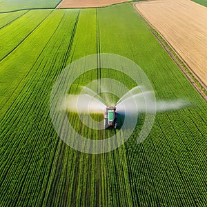 Tractor spray fertilizer on green field drone high angle agriculture background concept