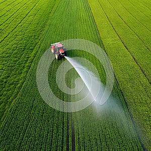 Tractor spray fertilizer on green field drone high angle agriculture background concept