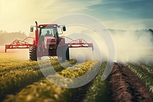 tractor spray pesticide on agricultural field