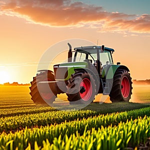 Tractor with a sprayer on a field of wheat at sunset