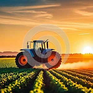 Tractor with a sprayer on a field of wheat at sunset
