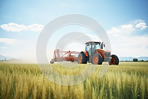 a tractor with a sprayer wetting hay field