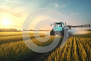 a tractor spraying an agricultural field at sunset,