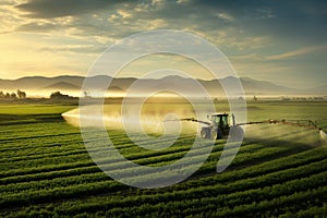 a tractor spraying an agricultural field at sunset,