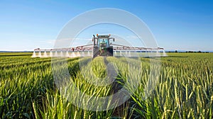 Tractor spraying crops in bright daylight