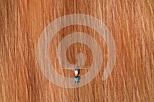 Tractor spraying crops in field, aerial view