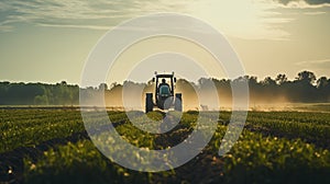 Tractor spraying pesticides on crop fields