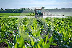 Tractor spraying pesticides fertilizer on corn field. Generative AI