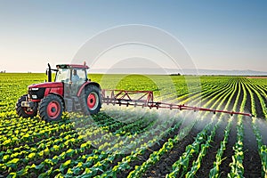 Tractor spraying pesticides fertilizer on corn field. Generative AI