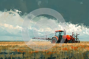 Tractor spraying pesticides fertilizer on a field. Generative AI