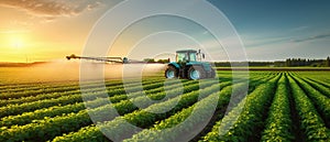 Tractor spraying pesticides fertilizer on soybean crops farm field