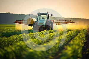 Tractor spraying pesticides fertilizer on soybean crops farm field in spring evening. Generative AI