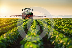 Tractor spraying pesticides fertilizer on soybean crops farm field in spring evening. Generative AI