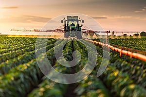 A tractor spraying pesticides on a field