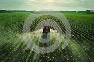 A tractor spraying pesticides on a field