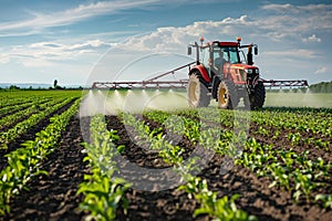 Tractor spraying pesticides on field. Generative AI