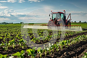 Tractor spraying pesticides on field. Generative AI