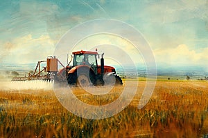 Tractor spraying pesticides on field, painting. Generative AI