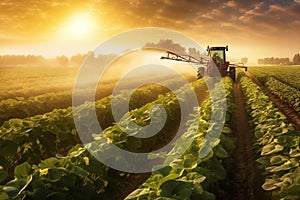 Tractor spraying pesticides on a field of sunflowers at sunrise, Generative AI