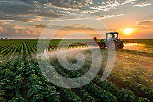 Tractor Spraying Pesticides on Green Soybean Plantation at Sunset