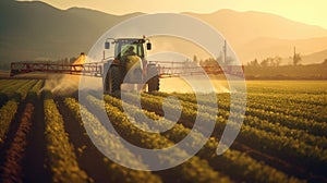 A Tractor Spraying Pesticides on Green Soybean Plantation at Sunset. Tractor Spraying Pesticides. Generative Ai