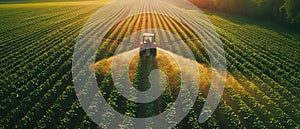 Tractor spraying pesticides over a vast field of crops, captured from an aerial perspective during golden hour