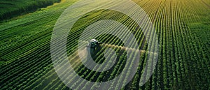 Tractor spraying pesticides over a vast field of crops, captured from an aerial perspective during golden hour