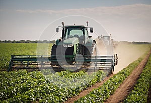 Tractor spraying pesticides on plant field with sprayer at spring. Organic farm and agriculture. Generative Ai