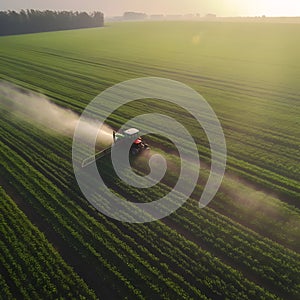 Tractor spraying pesticides at soy