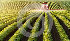 Tractor spraying pesticides at soy bean field