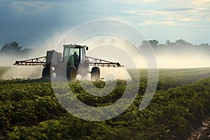Tractor spraying pesticides at soy bean fields. Soybean fields being sprayed with pesticides. Agriculture