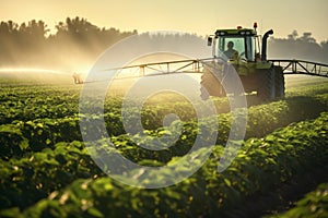 Tractor spraying pesticides at soy bean fields. Soybean fields being sprayed with pesticides. Agriculture