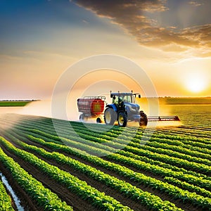 Tractor spraying pesticides on soybean field at