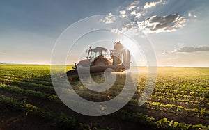 Tractor spraying pesticides on soybean field