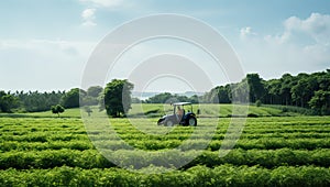 Tractor spraying pesticides on soybean field, agriculture in Thailand