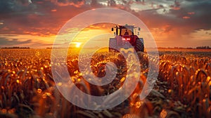 Tractor spraying pesticides on soybean field with flowers at sunset