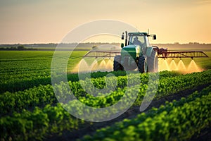 Tractor spraying pesticides on soybean field with sprayer at spring, Tractor spraying pesticides fertilizer on soybean crops farm